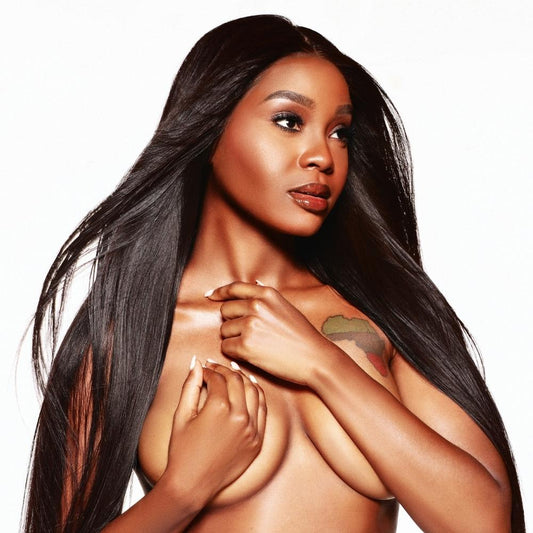 model wearing brazilian straight bundles